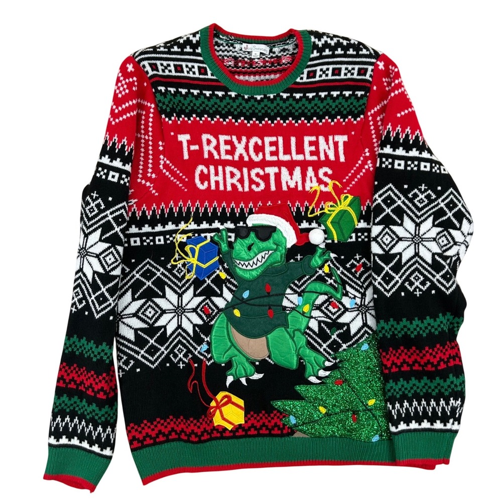 Jolly Sweaters Ugly Christmas Sweater Mens XL T-Rex Dinosaur Red Black‎ Green